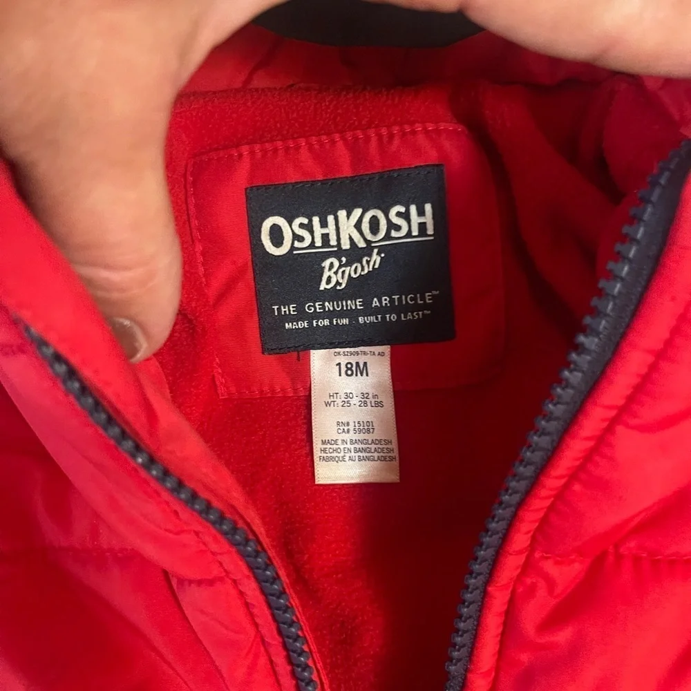 Oshkosh B'gosh Hoodie Jacket Toddler 18M Puffer Coat  Red/ Blue